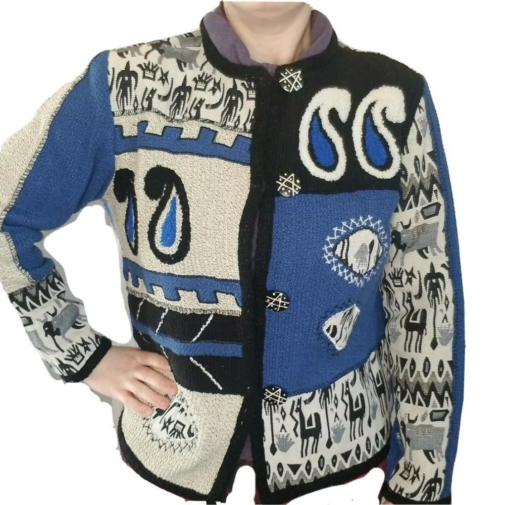 Vintage 90s‎ Patch Cardigan Sweater Folklore Art